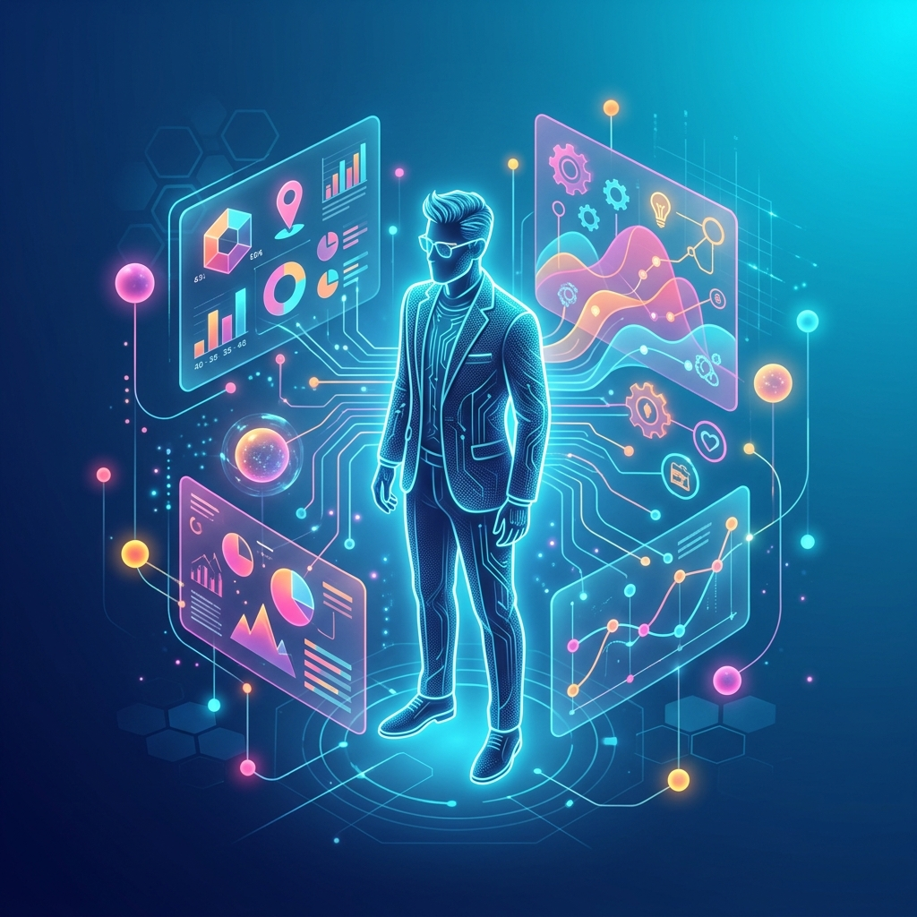 Modul 5 Dein Kunden-Avatar: leuchtende Silhouette einer Person im Anzug, umgeben von schwebenden Datenpanels mit Diagrammen