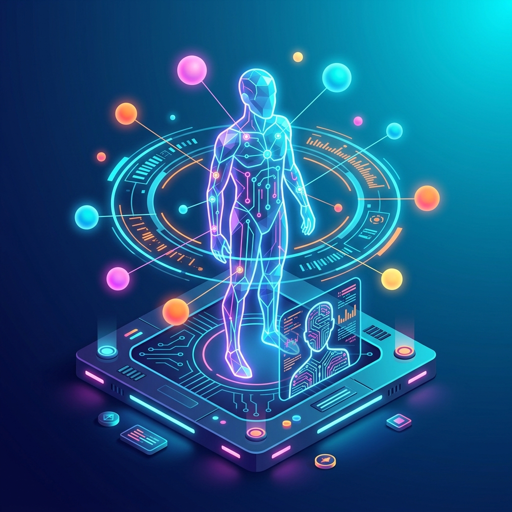 Modul 1 Dein Profil: holografische Menschenfigur auf einer futuristischen Plattform, umgeben von Datenringen und farbigen Info-Punkten